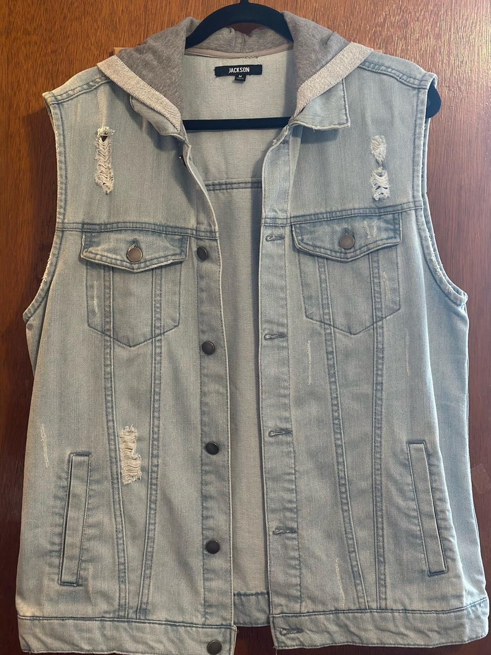 JACKSON Light Blue Denim Hooded Vest with Gray Hood
